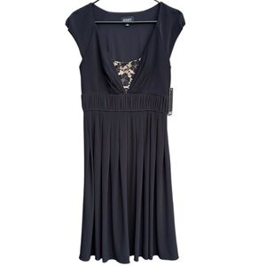 NWT Adrianna Papell Fit Flare Ruched Waist Lace Panel V Neck Twirl Skirt Dress 4